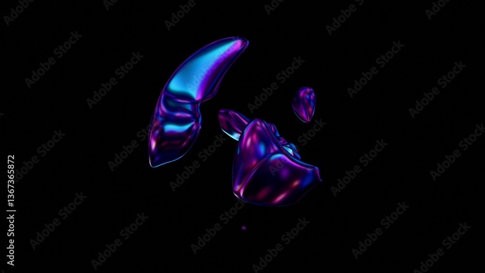 Poster fluid metallic lumps in neon purple and blue float on a black background, creating an abstract wave 