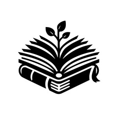 A monochrome logo of two stacked books with an open top book displaying a growing plant, symbolizing growth of knowledge and education.