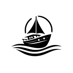 Stylized Black and White Silhouette of a Sailboat Adrift on Waves, Encircled by a Curved Frame, Representing Nautical Adventure.