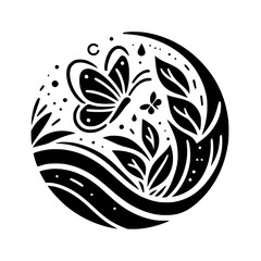 Stylized Black and White Circular Illustration of a Butterfly in Flight Among Foliage, with Dotted Accents and Water Droplets.