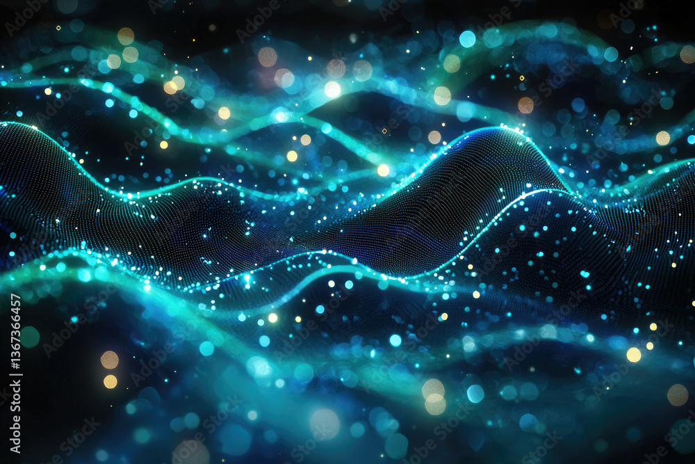 Poster abstract teal waves with glowing particles, a digital art rendering of flowing energy and light.