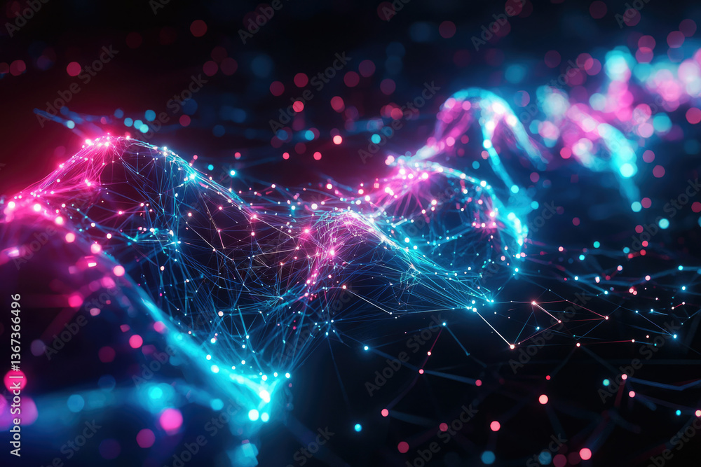 Poster abstract digital art depicting a vibrant, interconnected network of glowing nodes and lines in pink 