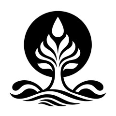 A minimalist, elegant logo symbolizing life, growth, and harmony. A stylized tree with leaves, a water droplet, and waves representing the Earth's elements, set against a dark circle.