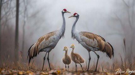Obraz premium A serene family of red-crowned cranes stands majestically in a misty autumnal woodland showcasing their elegant plumage and protective stance.