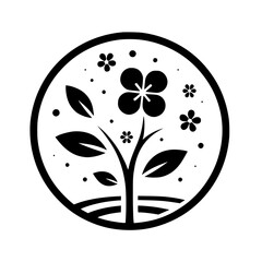 Obraz premium Stylized black and white floral emblem within a circular frame, featuring a central flower, leaves, and smaller blossoms.