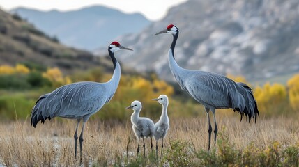 Obraz premium A family of elegant demoiselle cranes stands gracefully in a golden autumn field with a majestic mountain backdrop.