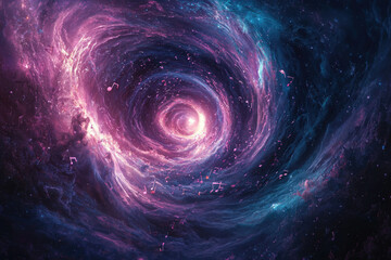 A swirling cosmic vortex filled with musical notes, a vibrant nebula of purple and blue hues.