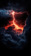 Fototapeta premium dramatic thunderstorm scene showcases vibrant reds and blacks, with striking lightning illuminating dark clouds. intense atmosphere evokes sense of awe and power