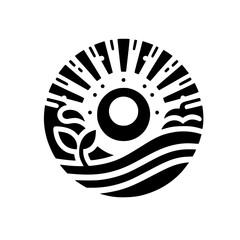 A stylized black and white circular illustration of a nurturing environment, sun shining over a growing plant and rolling waves, conveying growth and positivity.