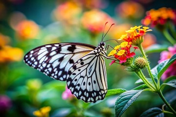Fototapeta premium Black and White Butterfly on Flower - High Resolution Stock Photo
