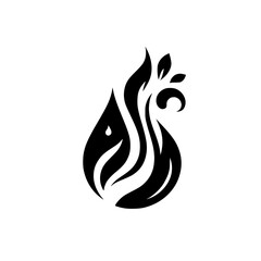 A stylized black and white illustration of a teardrop-shaped form containing both water and fire elements, with leaves and a swirling design, symbolizing nature's balance.