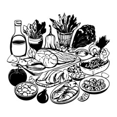 A black and white vector silhouette of a hand-drawn chalk-style food collection, featuring fruits, vegetables, and baked goods on a white background