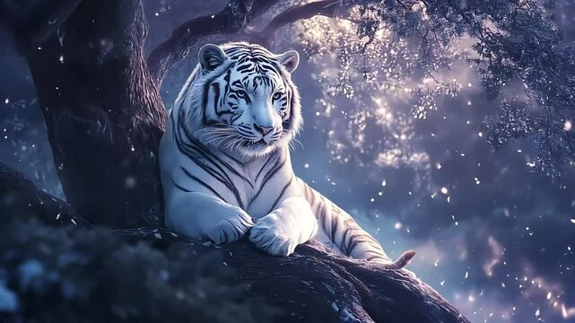 Majestic white tiger sitting under ancient tree in a mystical forest at night

