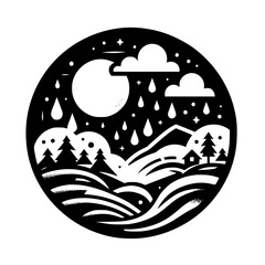 A monochromatic, circular illustration depicting a serene mountain scene with a full moon, rain, and a cozy cabin.