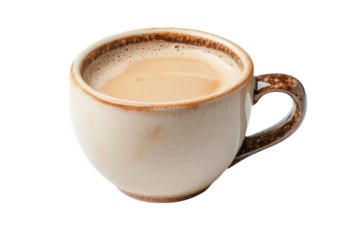 Warm cup of rich, creamy coffee resting on a clean white surface, inviting morning tranquility isolated on transparent background