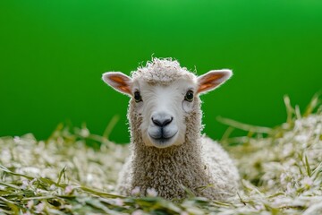 Obraz premium A fluffy white lamb is resting peacefully in the soft hay