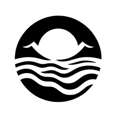 A minimalist black and white logo depicting a stylized seascape of mountains, sun, and waves, enclosed within a circular frame.