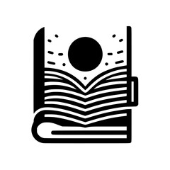 A minimalist black and white illustration of an open book with a celestial scene depicted within its pages, suggesting knowledge, exploration, and imagination.