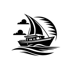 Stylized Black and White Sailboat Silhouette, Amidst Waves, Clouds, and Sun, Nautical Emblem.