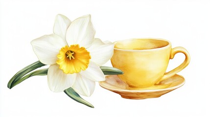  3D watercolor narcissus illustrations on white background