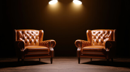 Luxurious leather chairs illuminated by soft spotlights create inviting atmosphere, perfect for intimate conversations or interviews. warm tones enhance cozy ambiance