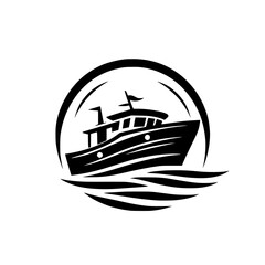 Stylized Black Silhouette of a Fishing Boat Floating on Wavy Water, Encased in a Circular Frame, Representing a Maritime Emblem.
