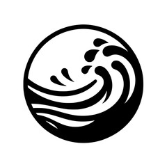 Obraz premium A minimalist monochrome logo featuring a stylized ocean wave inside a circular frame, evoking a sense of dynamic energy and natural flow.