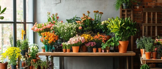 Naklejka premium Charming flower shop interior with various colorful plants and potted arrangements