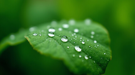 Water drops on green flower leaf.Macro photography.
