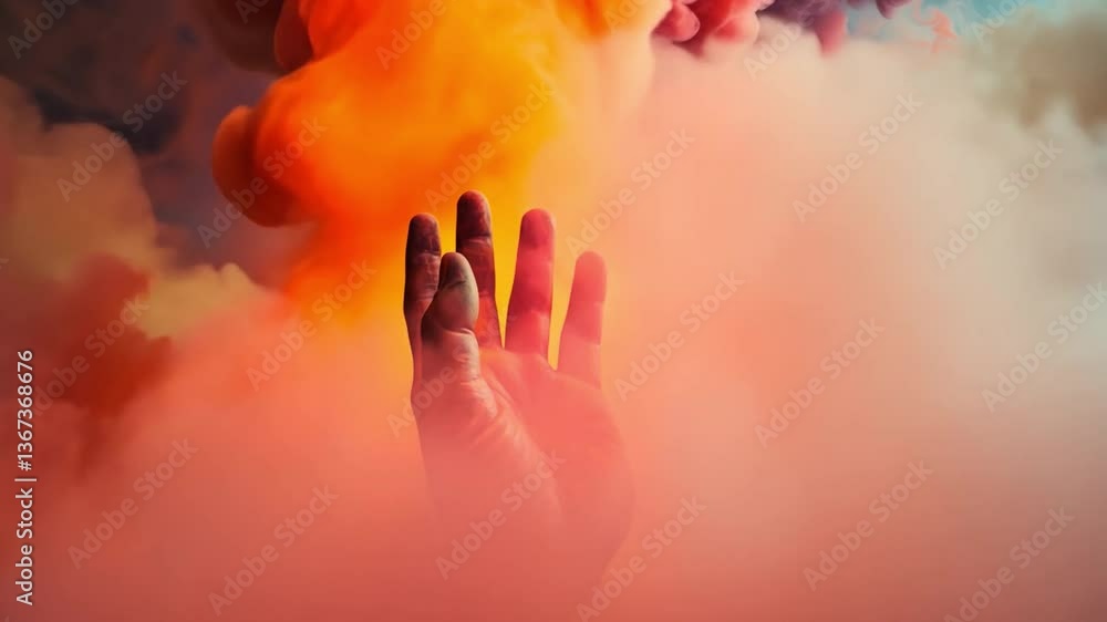 Poster reaching for the clouds: an artistic shot capturing a hand extending into a vibrant cloud of colorfu