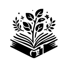 A monochromatic emblem of an open book with flourishing plant life emerging from its pages, symbolizing knowledge and growth.