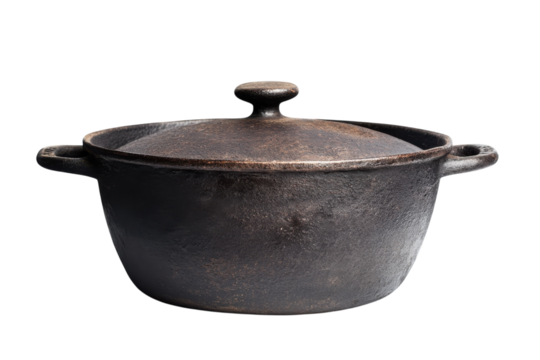 Rustic cast iron pot on a clean surface, showcasing its timeless design for culinary adventures isolated on transparent background