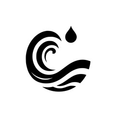 Simplified Black and White Wave and Water Drop Emblem, Emphasizing Fluidity and Coastal Theme in a Clean, Minimalist Design.