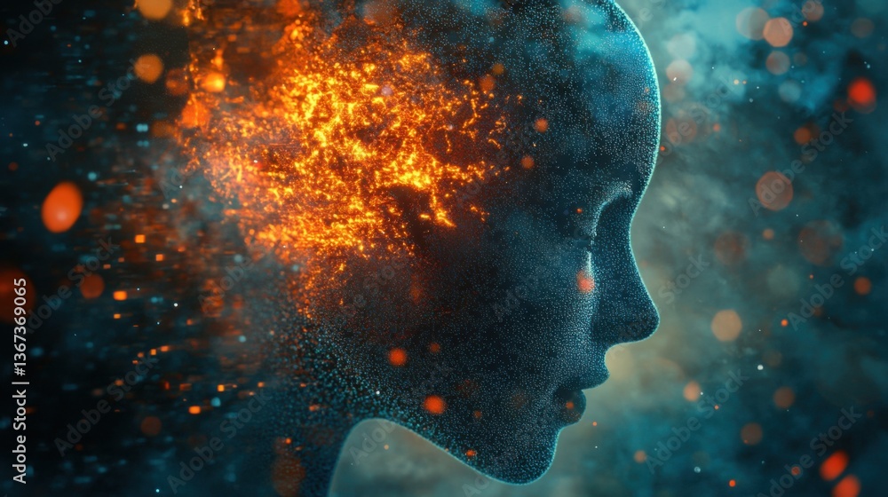 Poster abstract human head with burning particle effect for technology concepts