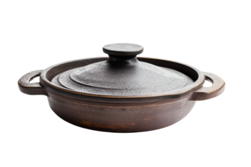 Traditional clay pot resting on a white surface, highlighting its rustic charm and craftsmanship isolated on transparent background