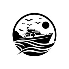 Vector illustration of a black and white yacht sailing on waves under a sun and seagulls, all contained within a circular frame.