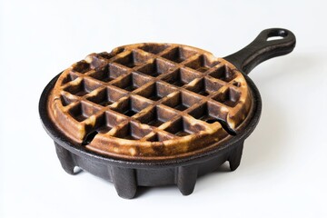 Deliciously golden-brown waffle cooling in a cast iron pan on a bright countertop isolated on transparent background