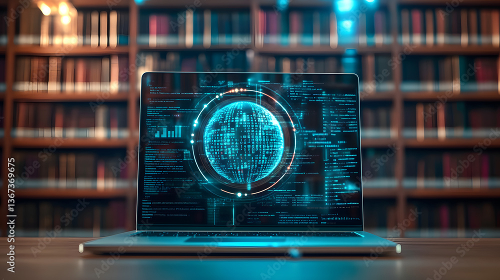 Poster a laptop with an ai digital sphere hologram on the screen, displaying code and data streams in front