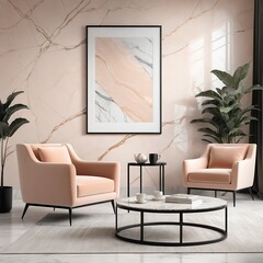 Modern Living Room Interior with Pink Velvet Armchairs and Marble Coffee Table