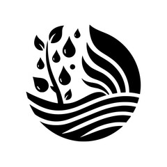 A minimalist black and white circular design depicting a sprouting plant with water droplets, a curved wave-like base, and a stylized leaf element.