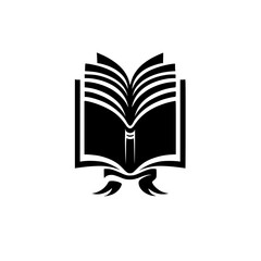 A minimalist black and white vector illustration of an open book, showing its pages, with a ribbon element at the bottom, set against a plain white background.