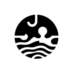 Abstract Black and White Circular Logo Depicting a Swimmer in Water, Evoking Movement & Serenity.