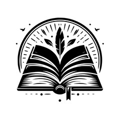 A meticulously crafted black and white illustration depicting an open book with a feather and leaves rising from it, encircled by a radiant sunburst design, representing knowledge and wisdom.