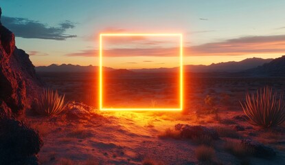 Neon Square Frame in Desert Sunset