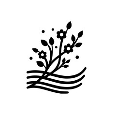 Minimalist Black and White Illustration: Blooming floral branch over stylized water waves, set against a clean, empty white background.