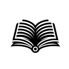 Bold black and white illustration of an open book with detailed pages, centered on a white background.