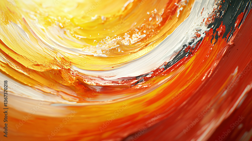 Poster brightly colored painting featuring a yellow and red swirl design utilizing immersive color techniqu