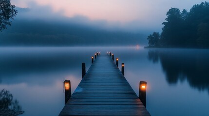 Obraz premium A serene pier extends into a misty lake, illuminated by subtle lights at dusk