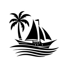 Silhouette of a sailboat and palm tree on wavy water, depicting a tropical vacation theme, with clean lines and a minimalist aesthetic.