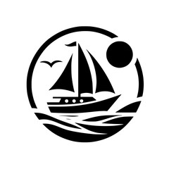 Silhouette of a sailboat at sea within a circular frame, featuring the sun, waves, and a bird, rendered in black and white, evoking a sense of travel and adventure.